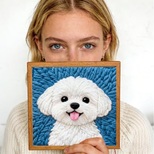 Image of BEUNITONE Punch Needle Kit with Frame for Adults Beginners, Cute Bichon Frise Needlepoint Crafts Kit for Adults, Complete Embroidery Starter Kits with Pre-Print Pattern for Gift Home Decor 9.4 inchx9.4 inch