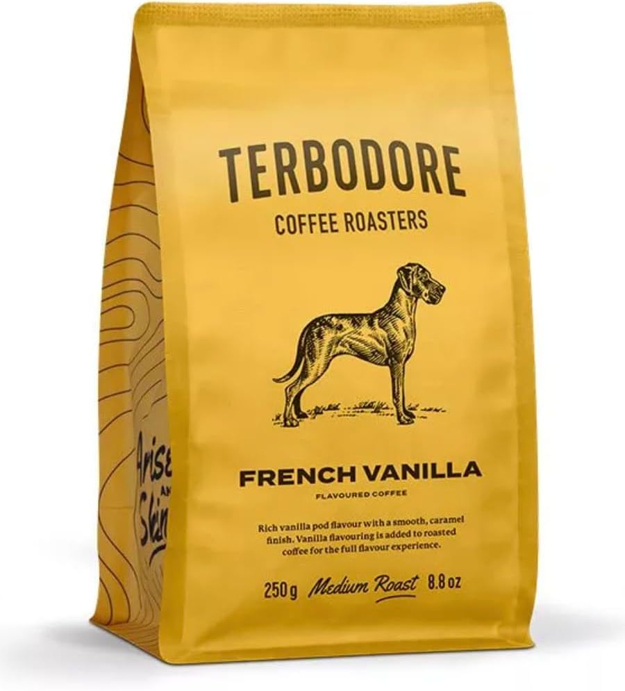 Terbodore | French Vanilla Coffee Beans | 8.8 oz Bag | Delicious Vanilla Flavored Bean | Subtle Aroma | Premium Grade Whole Bean | Medium Roast | Home or Cafe | French Vanilla Coffee Beans