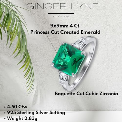 Created Green Emerald Ring for Women Sterling Silver 4 Ct Gemstone Engagement Rings for Women | May Birthstone or Bridal by Ginger Lyne |Faux Gem Stone Simulated Promise Bridal Jewelry4