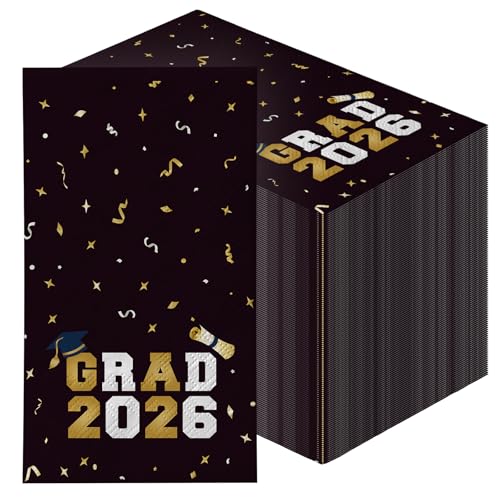 Graduation Napkins 2026 | 4X8" 100PCS Class of 2026 Dinner Napkins Disposable | Black Congrats Grad Napkins for Commencement Party Decorations, High School & College Graduation Party Supplies