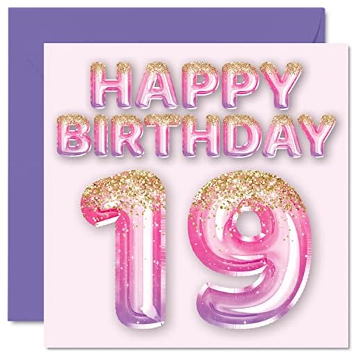 Tarjeta de cumpleaños número 19 para mujer, globos de purpurina rosa y morado, tarjetas de felicitación de 19 años, hija, 145x145 mm, tarjetas de felicitación de 19 años de nacimiento de 19 años