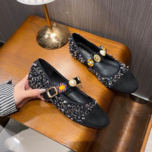 Womens Color-Blocked Round-Toe Flats Soft Mary Jane Ballet Flats for Women Dressy Shoes with Buckle2