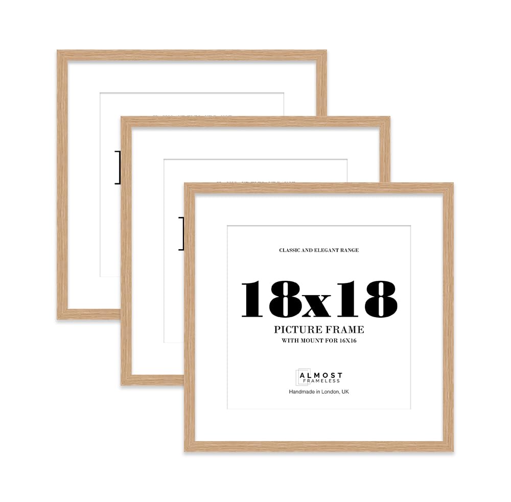 18x18 Oak Picture Frame with Mount for 16x16 Photos, Prints - Modern Square Wall Frame, Set of 3