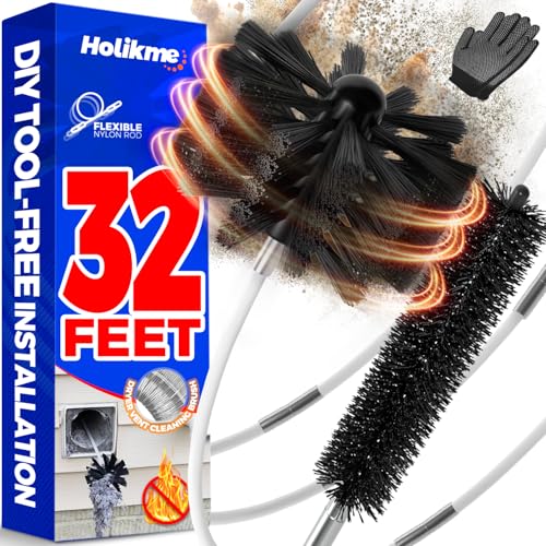 Holikme 32 Feet Dryer Vent Cleaner Kit, Lint Remover,Fireplace Chimney Brushes, Extends Up to 32 Feet, Synthetic Brush Head, Use with or Without a Power Drill
