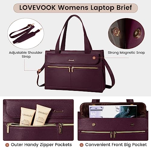 Image of LOVEVOOK Laptop Tote for Women - 15.6 Inch Professional Leather Computer Briefcase, Waterproof Shoulder Bag, Large Capacity Business Teacher Office Bag, Crossbody Purse - Fuchsia