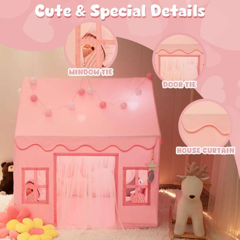 RONGFA Large Kids Tent Playhouse Basic Mat with Star Lights, Flags and Tote Bags, Kids Play Tent Indoor & Outdoor, Washable Teepee Tent for Boys & Girls, Kids Play House for Toddler?Pink?