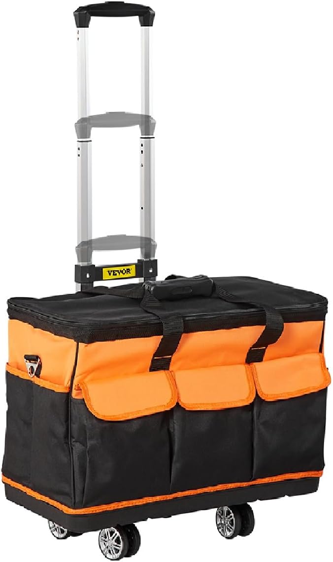 VEVOR Tool Bag 20-inch 17 Pockets Rolling Tool Bag with Two 2.56in Wheels, Oxford Fabric Material with Telescoping Handle, 198lb Load Capacity for Garden Electrician Tool Organization