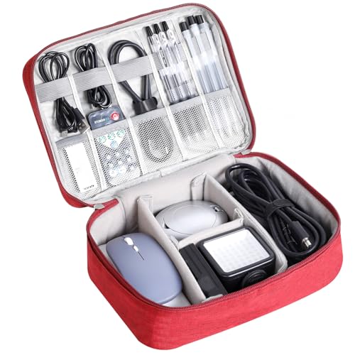 AiQInu Uniwersalna podróżna torba na kable, wodoszczelny, regulowany organizer na kable do telefonu komórkowego, powerbanku, pamięci USB, kart SD, Czerwone wino - 2 warstwy, Kieszenie na kable