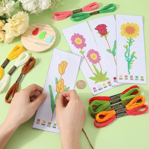 GORGECRAFT 4 Sets Cross Stitch Bookmark Kit Flowers Stamped Embroidery Cross Stitching Bookmark with Instruction for Beginner Adults DIY Counted Crossstitch Gifts Book Readers 23x8cm - Image 3