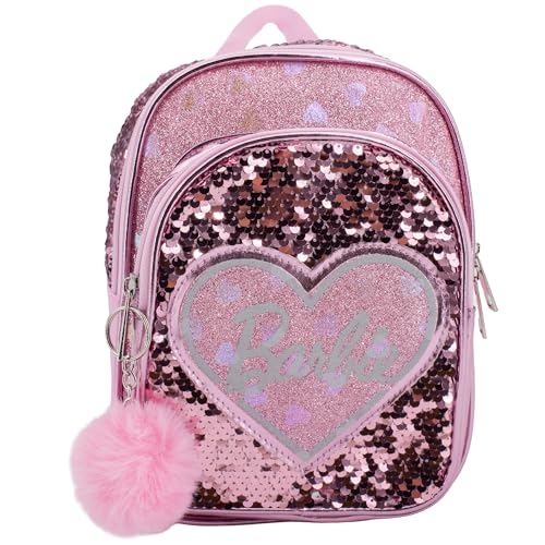AI ACCESSORY INNOVATIONS Barbie 9 Micro Mini Backpack Purse Featuring a 3D Heat Logo Patch Sequins & Glitter PU & Pompom Dangle Pink