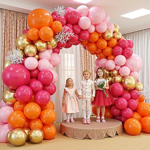 Image of Pink and Orange Balloon Arch Kit,412Pcs Hot Pink Orange Metallic Gold Latex Balloon Garland kit 18 12 10 5 Inch Different Size Balloons for Birthday Wedding Tropical Summer Party Decorations