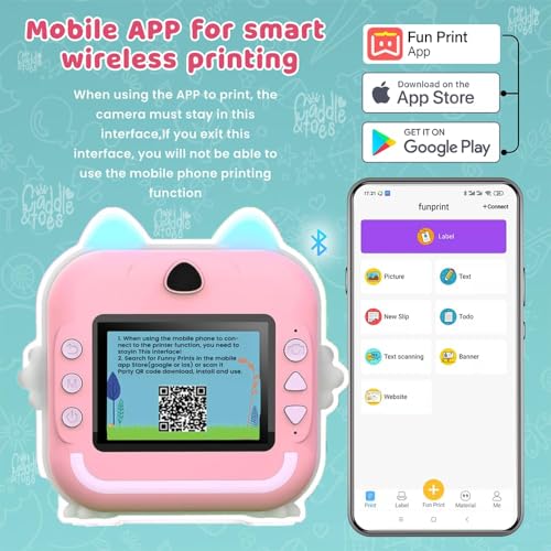 Image of CADDLE & TOES Instant Print Camera for Kids - 1080P HD, 48MP, Bluetooth, Free App, 3 Rolls Print Paper, Stickers, Fun Filters, Gift for Kids (Pink)