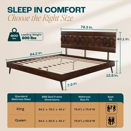 Image of Bme Georgina Signature Bed Frame with Handcrafted Geometric Headboard, Mid Century Modern, Solid Acacia Wood, No Box Spring Needed, 12 Strong Wood Slats Support, Easy Assembly, Walnut, King