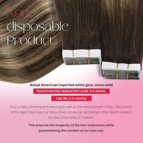Image of Moresoo Hair Extensions Tape in Caramel Balayage 18in 20Pcs 50g | Human hair extensions tape in, low-contrast caramel highlights, skin weft tabs, added length for office and weekend wear