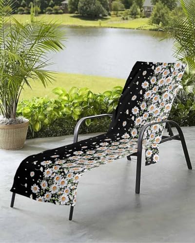 White Daisy Beach Chair Towel Covers for Chaise Lounge With Side Pocket, Soft Plush Pool Towels Cover for Patio Sunbathing Outdoor 29''x85'' French Country Flower Green Leaves Plant