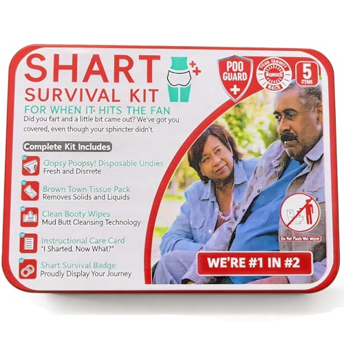 Funny Shart Survival Kit Ultimate Poop Prank Gag Gift Set Contains Wet Wipes, Disposable Underwear, Tissues and Hilarious Badge. Novelty Fart Potty Pack Great for Friends or Family