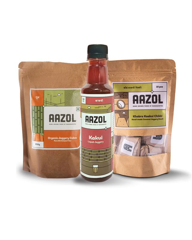 Image of Aazol Jaggery Combo | Organic Jaggery Cubes - 650g | Chikki - 10 pcs | Liquid kaakvi - 250ml