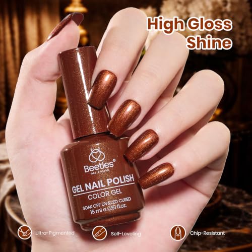 Image of Beetles Brown Gel Nail Polish, 15ML Retro Metallic Vintage Copper Bronze Shimmer Color, Soak Off UV LED Nail Gel for Fall Winter Manicure and DIY Nail Art