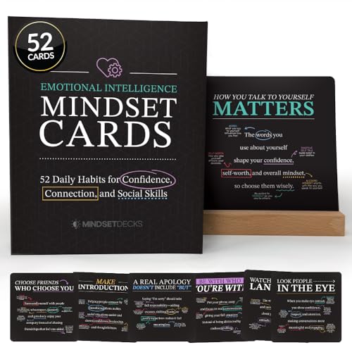 Emotional Intelligence Mindset Cards 52 Daily Habits for Confidence Connection & Social Skills for Kids Teens & Adults Includes Wooden Display Stand Gift for Teachers & Parents