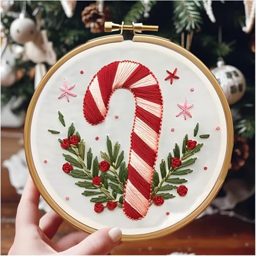 Image of UQRUI Christmas Embroidery Kits for Adults BeginnersEmbroidery Patterns, Ornament Embroidery Kit,Cross Stitch Kits (Candy Cane)