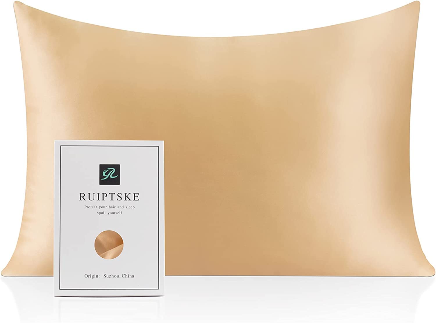 RUIPTSKE Natural Silk Federa, ipoallergenico, 22momme, 100% Seta, 600 Filati, con a Scomparsa Cerniera (Champagne, 50x90cm)