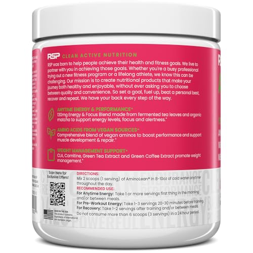 Image of RSP Nutrition AminoLean Pre Workout Powder, Amino Energy & Weight Management with BCAA Amino Acids & Natural Caffeine, Preworkout Boost for Men & Women, 30 Serv