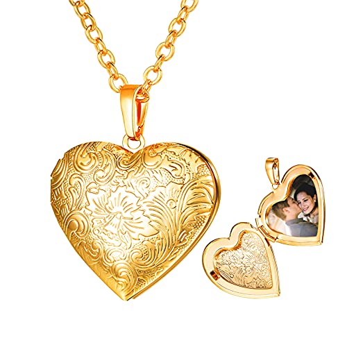 Customize Photo Locket Necklace for Women Valentines Day 18K Gold Plated Floral Flower Heart Lockets Jewelry that Holds Pictures 20 Inch