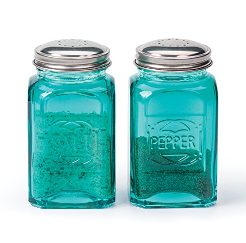 RSVP International 8 oz Retro Glass Salt & Pepper Shakers, Turquoise | Stainless Steel Lids |, 13 oz