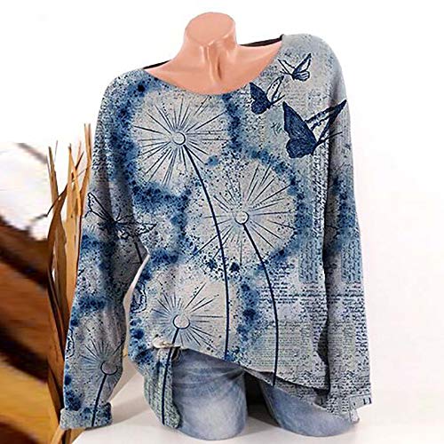 Camiseta feminina, solta, gola redonda, manga comprida, estampa de borboleta dente-de-leão vintage,