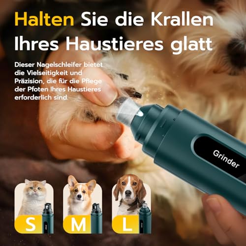 Mcbazel Elektrischer Krallenschleifer Hund & Katze - Geräuscharmer Hundenagelschleifer mit LED-Licht, 5 Geschwindigkeiten, Diamant-Schleifscheibe für Sanfte Pfotenpflege Aller Haustiergrößen