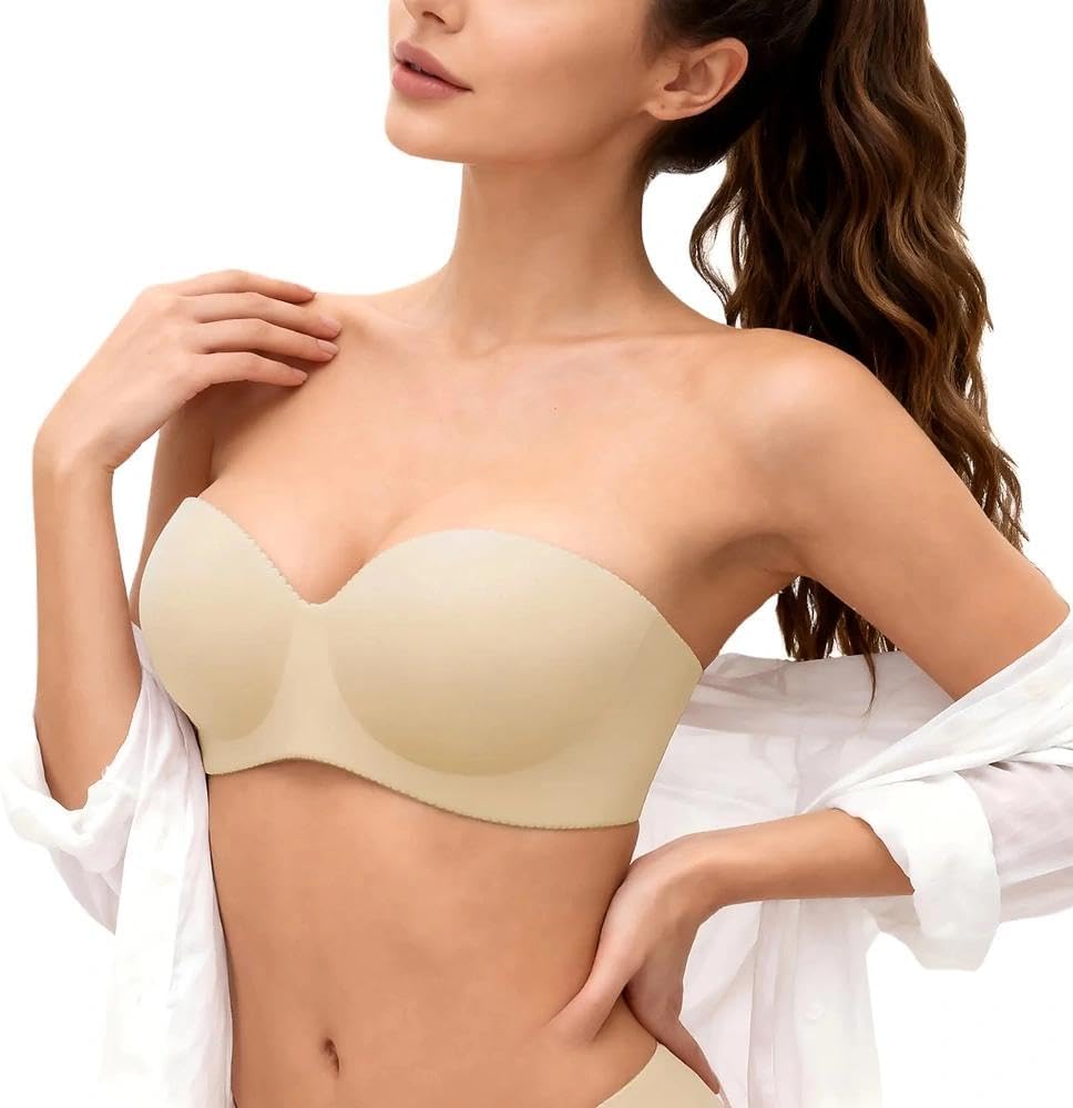 Strapless Push up Bra for Women - Lift up Bandeau Underwire Seamless Padded Bras with Non-Slip Back Straps Support for Dressing, Dating, Wedding & Everyday Wear