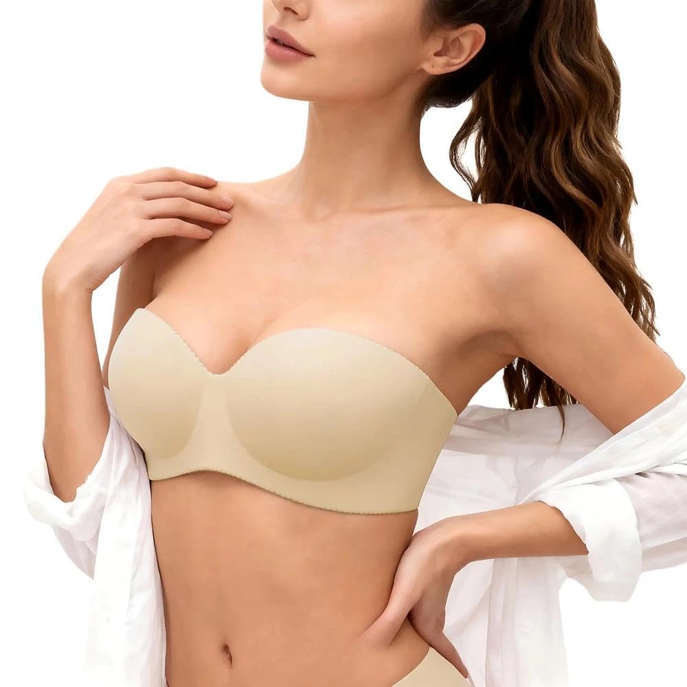Strapless Push up Bra for Women - Lift up Bandeau Underwire Seamless Padded Bras with Non-Slip Back Straps Support for Dressing, Dating, Wedding & Everyday Wear