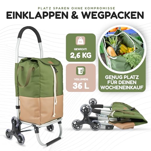 TrayTrol Einkaufstrolley klappbar mit Treppenläufer - Einkaufen ohne Schleppen - Einkaufswagen, Einkaufsroller, Trolley Shopper, Einkaufstasche Rollen, Hackenporsche, Shopping Trolley Bag (grün/beige) – Bild 6