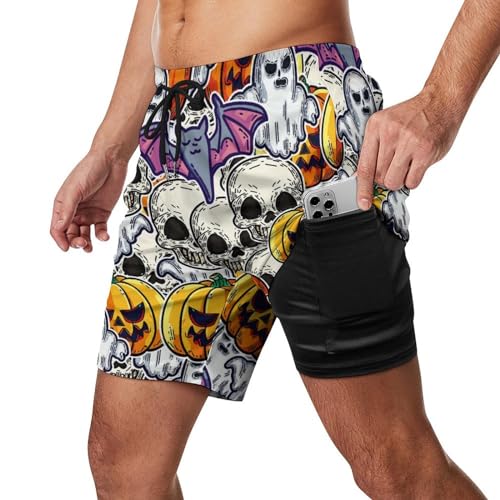 Mens Swim Trunks with Compression Liner, Halloween Scary and Horror Printed Board Shorts2