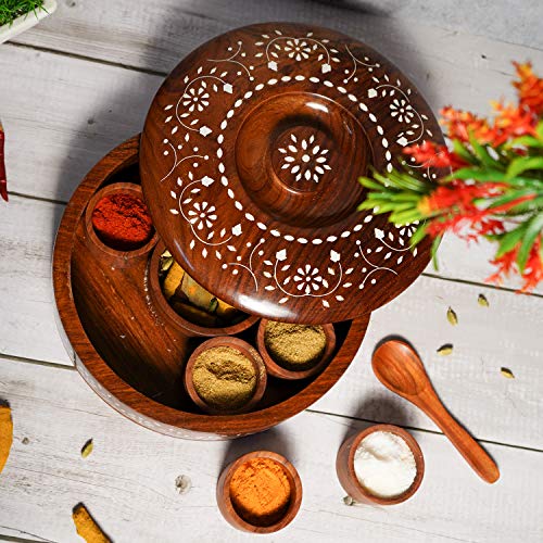 Image of Naayaab Craft Sheesham Wood Pakka Masala Box with Spoon, Round Table Top Masala Dabba 7 Containers for Kitchen (Brown, 25 x 25 x 8.5 cm)