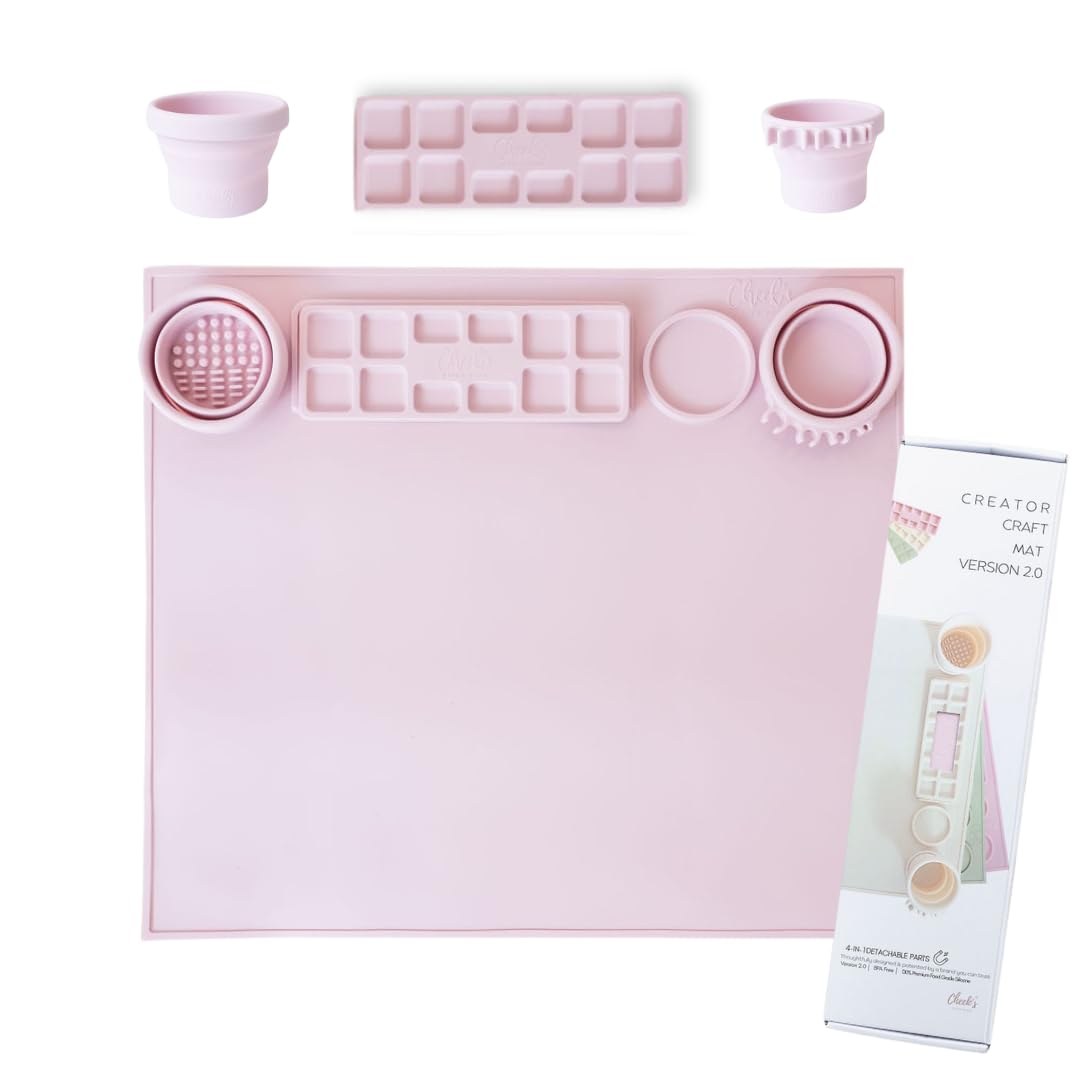 Cheek's Paper Room-Creator Silicone Craft Mat for Painting and Crafts V.2.0 (Pinklet) Large Mat with Collapsible Paint Brush Cleaner for Painting, Clay, Resin and Crafts 15inches X 17inches Version 2.0 Pinklet V.2.0
