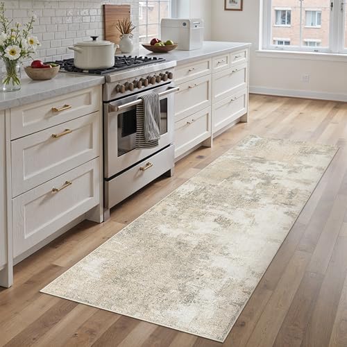 Waschbarer Abstraktes Teppich 60x180 cm,Beige Teppichläufer Flur rutschfest für Wohnzimmer Schlafzimmer Balkon LäUfer KüChe Esszimmer BüRo Flach, Indoor Modern Weicher Kurzflor Carpet Abstra