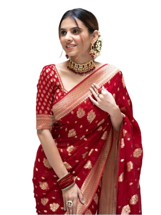 Flosive Women's Kanjivaram Silk Saree With Zari Weaving Work With Blouse Piece (Red)