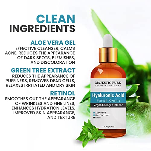 Majestic Pure Hyaluronic Acid Serum For Face - With Vegan Collagen, Aloe Vera, Green Tea & Vitamin A - Facial Serum Anti Aging - Helps Acne, Spots & Fine Lines - Skin Care For Men And Women - 1 Fl Oz #TOP4