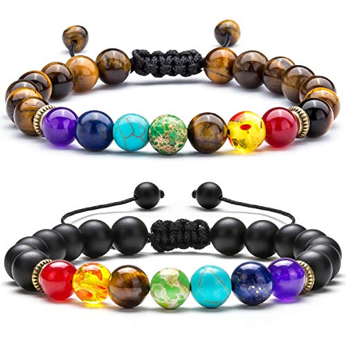 Hamoery Men Women 8mm Lava Rock Chakra Beads Bracelet Set Braided Rope Natural Stone Yoga Bracelet Bangle (Set 5)