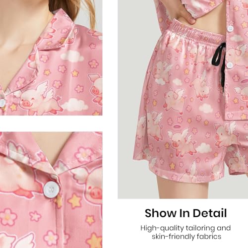 Image of Funny Pajamas for Women Set Print Satin Loungewear Pjs Short Sleeve Button Down Top and Shorts Sets Sleepwear XS-3XL