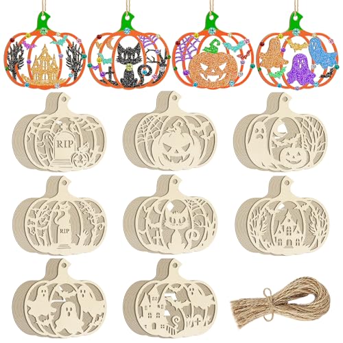 80PCS Wooden Halloween Decoration Pumpkins Ornaments to Paint Happy Halloween Cutouts Unfinished DIY Blank Unfinished Ghost Spider Web Black Cat Trick or Treat Boo Ornament for Home Crafts Hanging