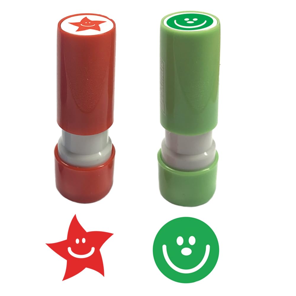 Stampsdirect Red/Green Small Star () And Smiley Face (Green) Stampers - 8Mm Image. Ideal For Teacher Or Loyalty Stamps. 2 X Self-Inking Stamp Set