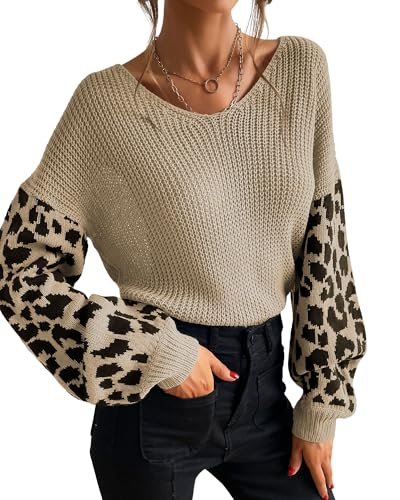 Casual Leopard Print Long Sleeve Sweater for Women V Neck Cute Animal Knit Top