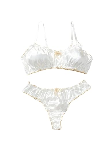 Verdusa Women's 2 Piece Satin Lingerie Set Lettuce Trim Bow Bra and Thong Sets - Medium - White