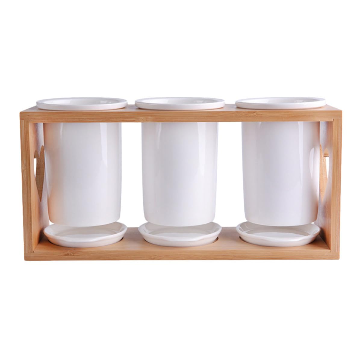 HEMOTON Organisateur de Couverts Design Délicat et Fonctionnel en Céramique Support en Bois, 3 Compartiments Égouttoir, Résistant Cuisine