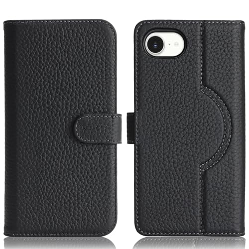Image of Detachable Genuine Leather Case for iPhone 16e / iPhone 17e Wallet Case Magnetic 2in1 Removable Flip Cover Book Purse Compatible with Magsafe Charging Kickstand Card Holder-Black