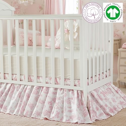 Image of Brandream French Country Toile Cotton Crib Skirt Toddler Bedskirt Dust Ruffle Baby Nursery Crib Bed Skirt Boho Bohemian Vintage Pink Floral Print Farmhouse Chic Ruffles Skirt