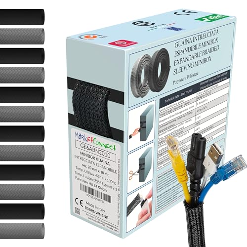 MarketConnect® Guaina Cavi Espandibile Ø 15mm, L 10mt • Raccogli e Nascondi Cavi • Ideale per Scrivania e TV • NERO • MINIBOX