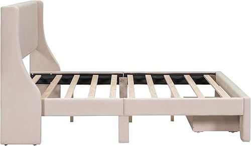 Miniatura 6 de Base de cama de plataforma con cabecera tapizada de terciopelo, soporte de listones de madera con un cajón grande, estilo moderno, base de colchón